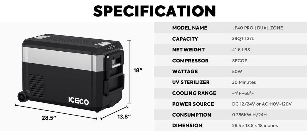 ICECO JP40 Pro Dual Zone Wheeled Portable Fridge Freezer 40 LT