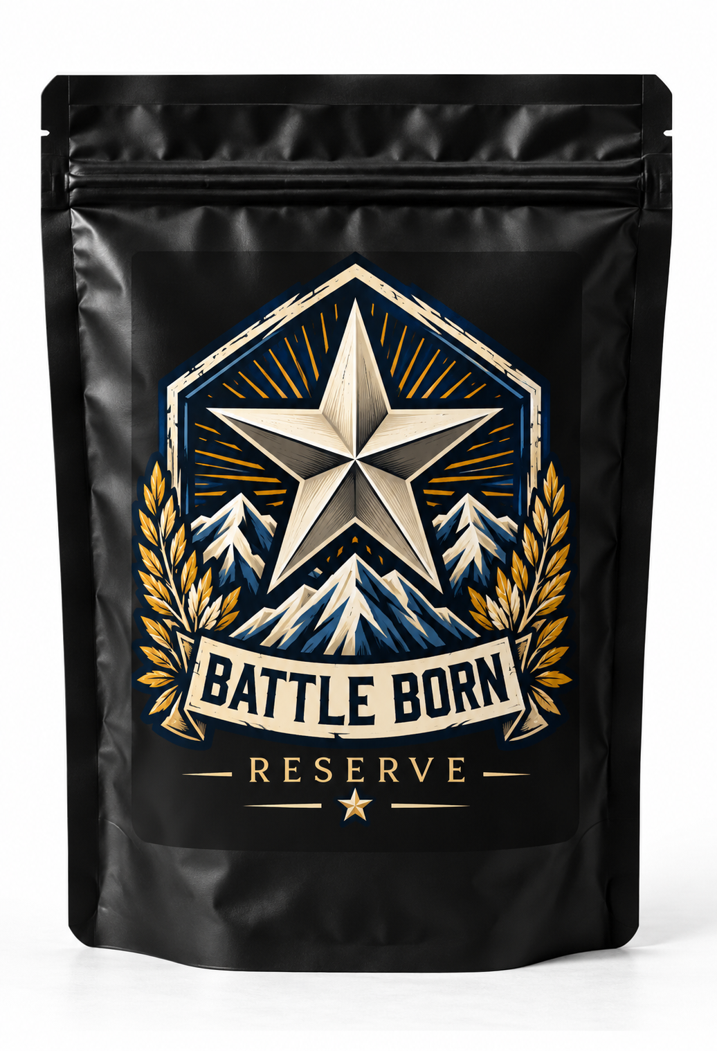 Battle Born Reserve coffee in a matte black bag with star and mountain emblem