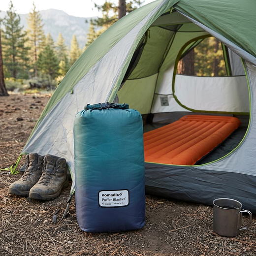 Packable puffer blanket beside a camping tent and sleeping pad