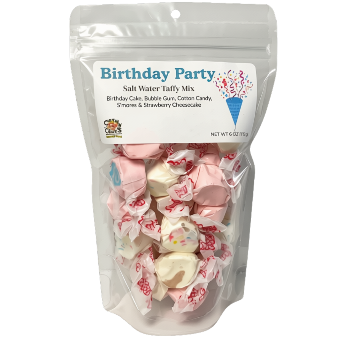 Birthday Party Salt Water Taffy Mix | Birthday Cake, Bubble Gum & Sweet Treat Flavors package