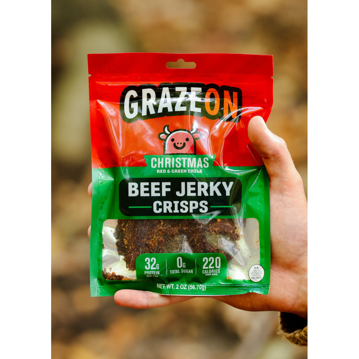 GrazeOn Christmas Beef Jerky Crisps- High Protein, No Sugar, Crunchy Air-Dried Meat Snack, All-Natural - 2.0 oz package