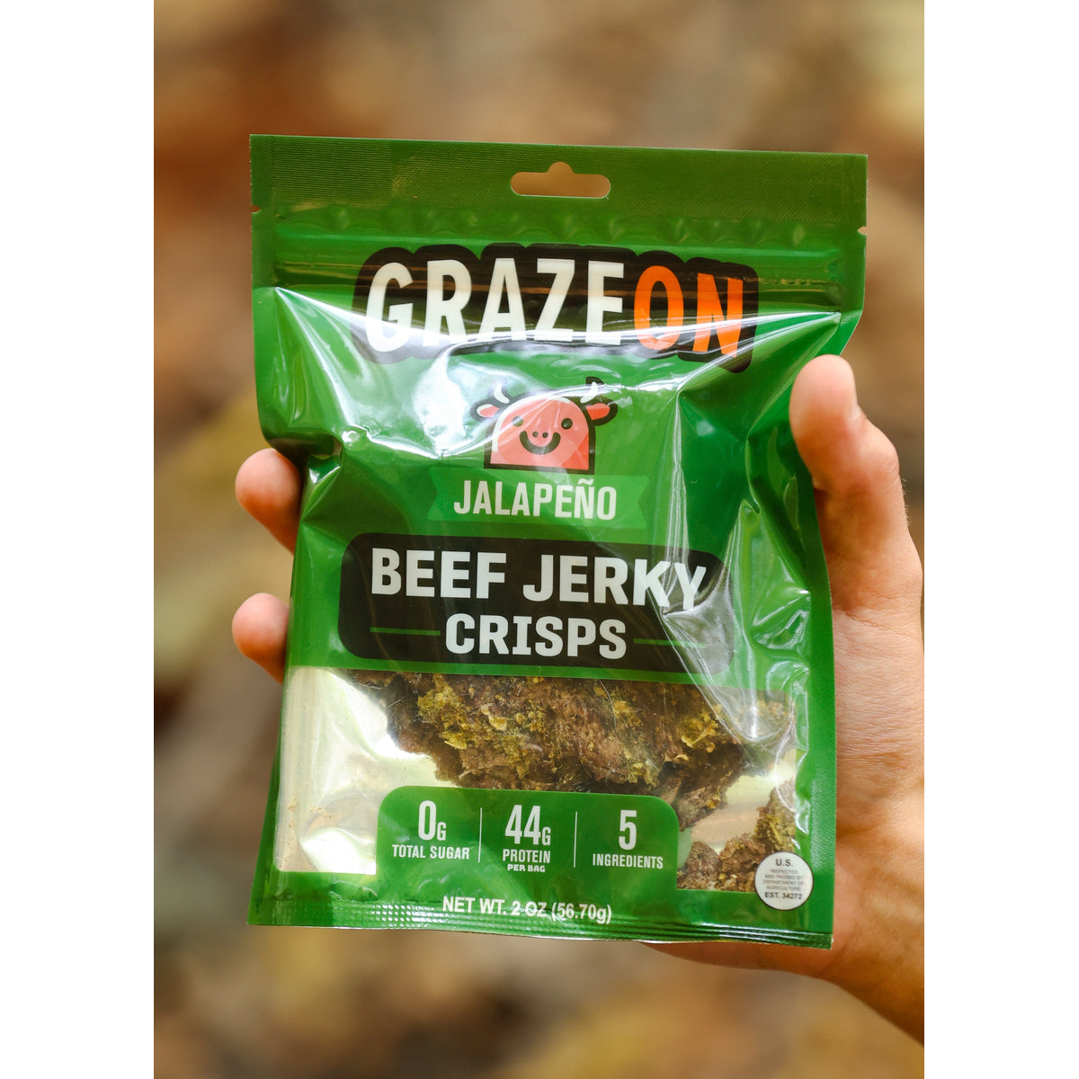GrazeOn Jalapeño Beef Jerky Crisps- High Protein, No Sugar, Crunchy Air-Dried Meat Snack, All-Natural - 2.0 oz package