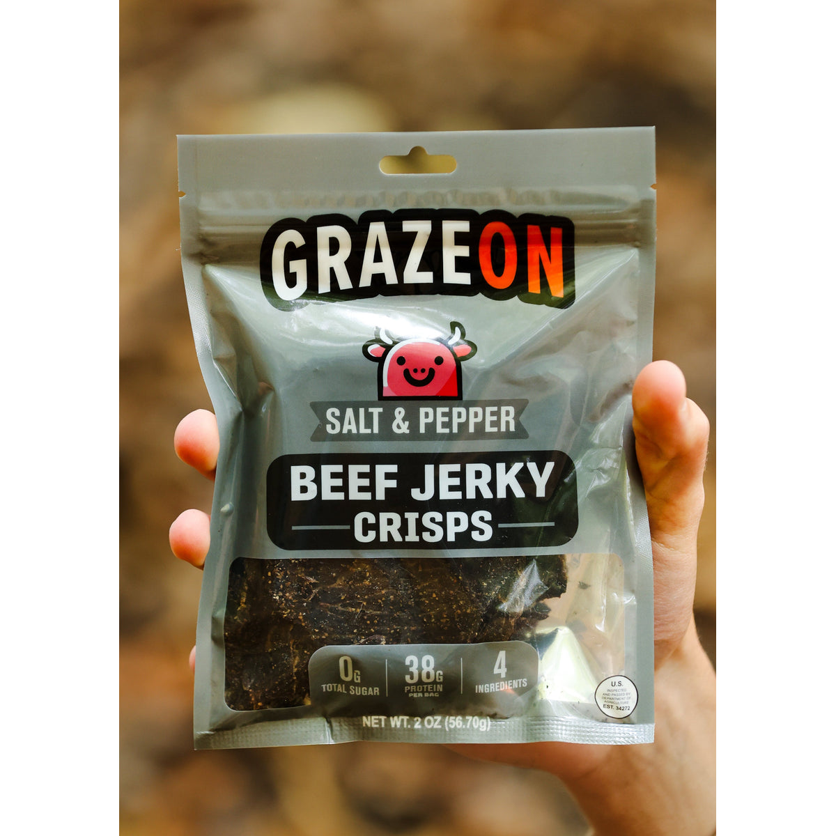 GrazeOn Salt and Pepper Beef Jerky Crisps- High Protein, No Sugar, Crunchy Air-Dried Meat Snack, All-Natural - 2.0 oz package