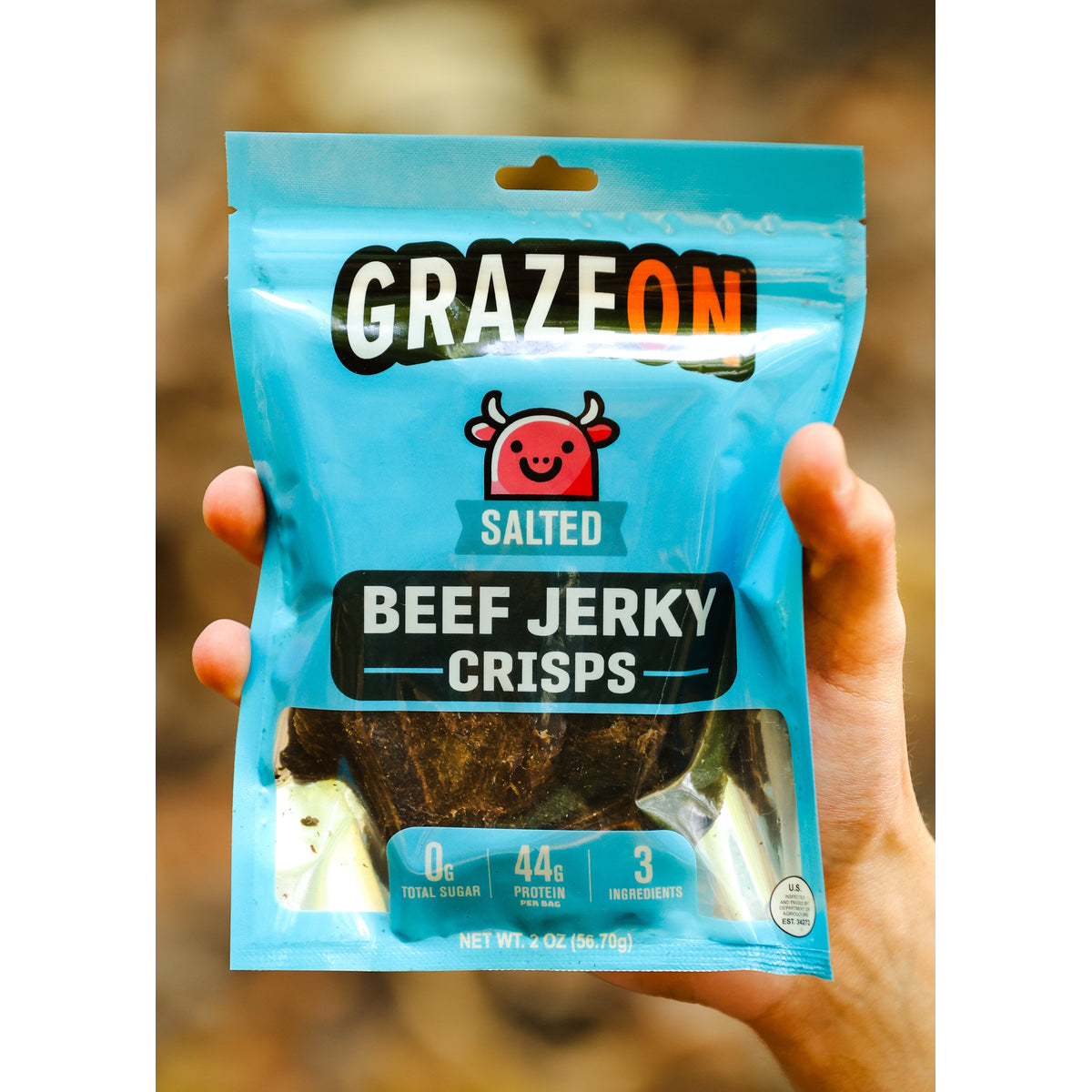 GrazeOn Salt Beef Jerky Crisps- High Protein, No Sugar, Crunchy Air-Dried Meat Snack, All-Natural - 2.0 oz package