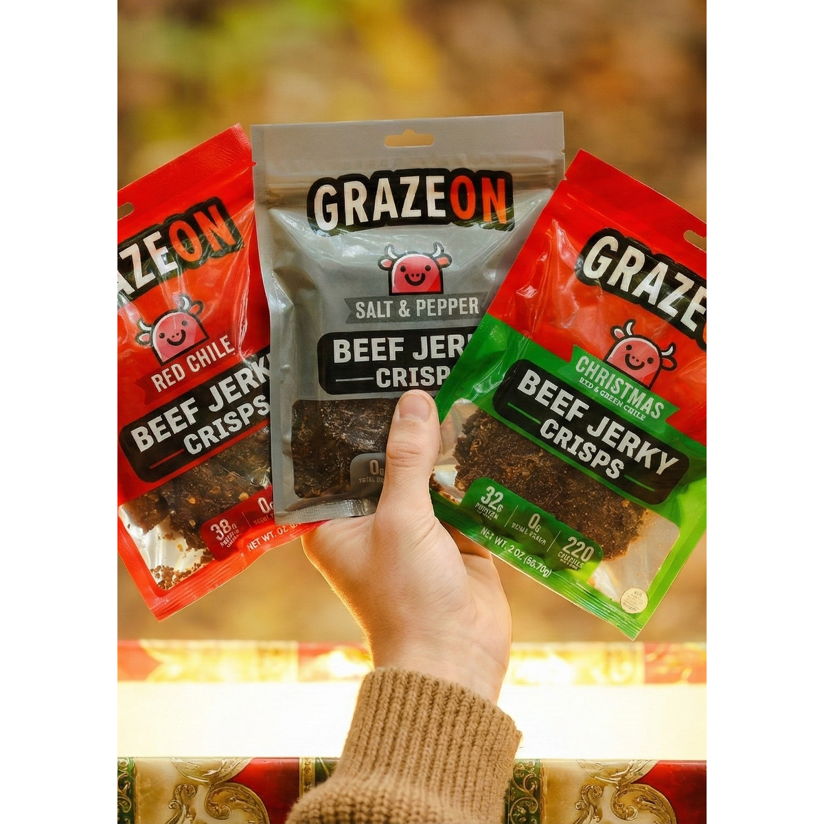 Try All - 7 Flavor Variety Pack of GrazeOn Beef Jerky Crisps- High Protein, No Sugar, Crunchy Air-Dried Meat Snack, All-Natural - 7 x 2.0 oz Bags package