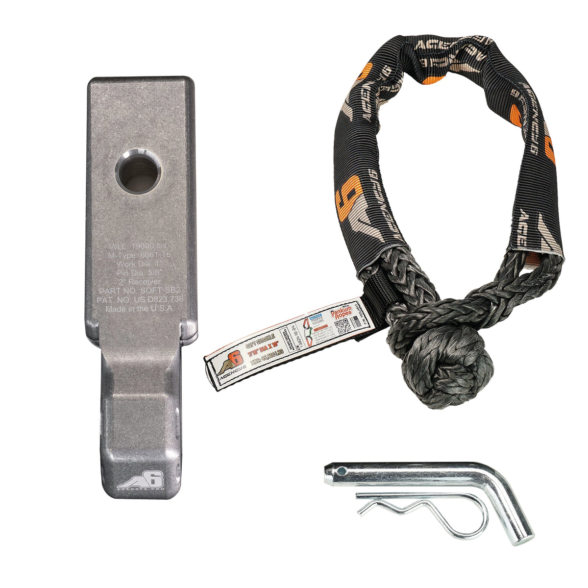 Agency 6 Soft Shackle Recovery Block with Soft Shackle & Hitch Pin – 2" Receiver